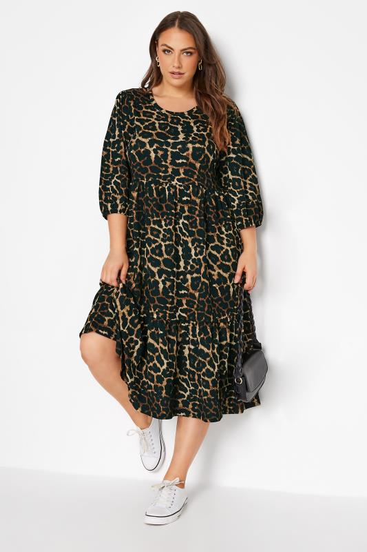 Leopard Print Tunic Dress Pleated Stretchy Long Sleeves Plus Size 16-20 NEW 