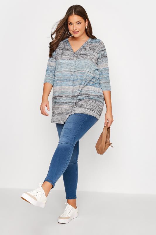 Plus Size Blue Marl Stripe Print Swing Top | Yours Clothing 2