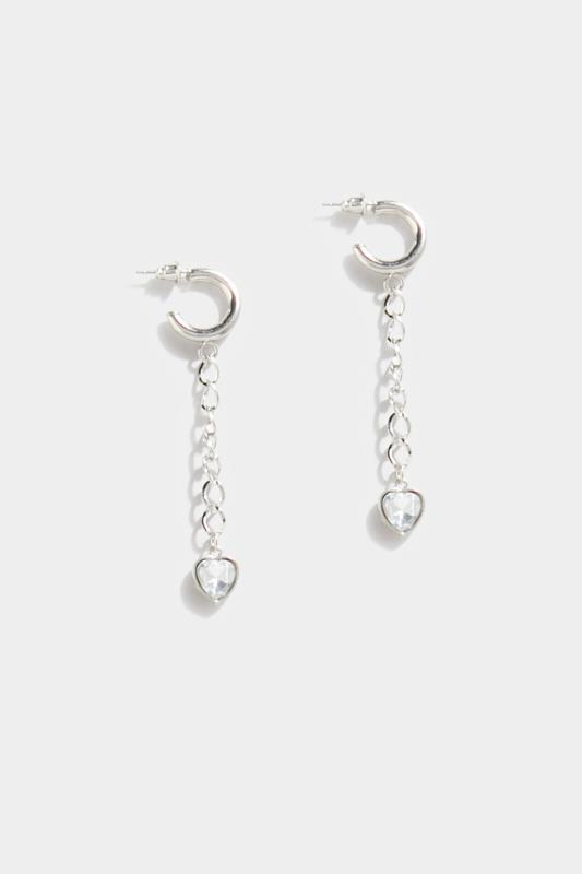 Tall  Yours Silver Tone Diamante Heart Chain Link Earrings