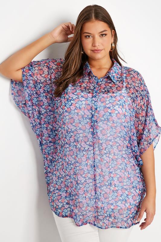 Plus Size Blue Floral Print Batwing Blouse | Yours Clothing  1