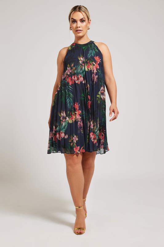 YOURS LONDON Plus Size Navy Blue Tropical Print Halter Neck Dress | Yours Clothing 1