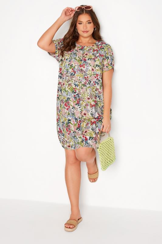 Plus Size White Floral Print Dipped Hem Shift Dress | Yours Clothing 2