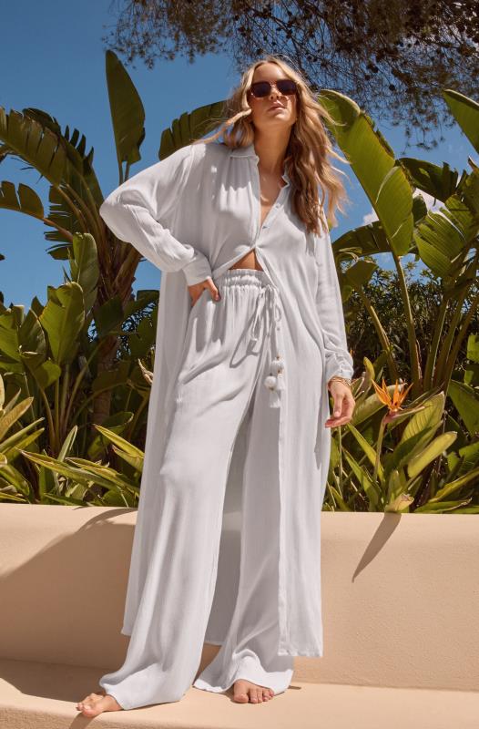  Tallas Grandes LTS Tall White Textured Tie Waist Wide Leg Trousers