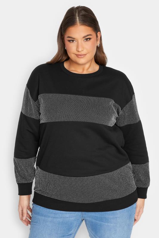 YOURS LUXURY Black & Silver Block Stripe Long Sleeve Sweatshirt | Yours Clothing 1