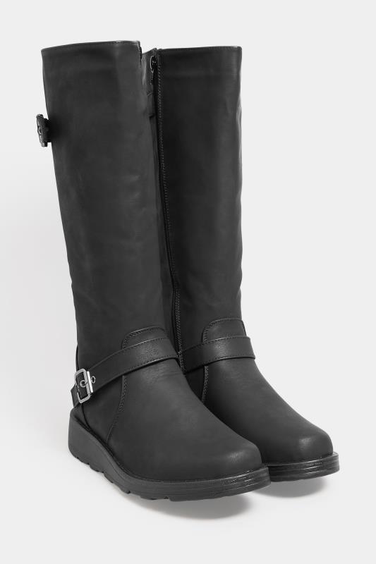 Plus Size  Black Knee High Wedge Boots In Wide E Fit