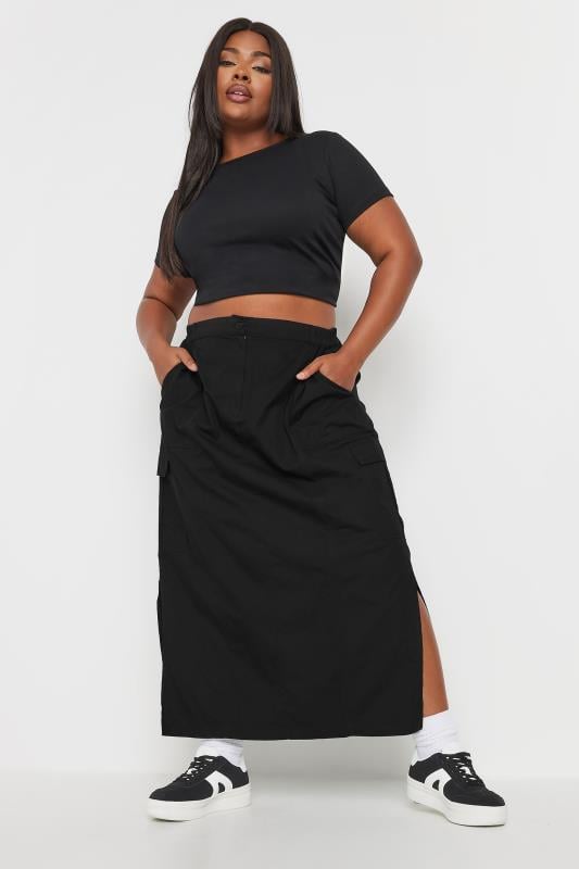 YOURS Plus Size Black Split Hem Cargo Midi Skirt Yours Clothing