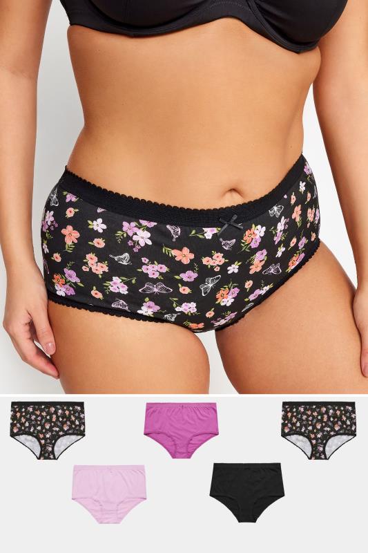YOURS 5 PACK Plus Size Black & Pink Floral Design High Waisted Full Briefs | Yours Clothing 1