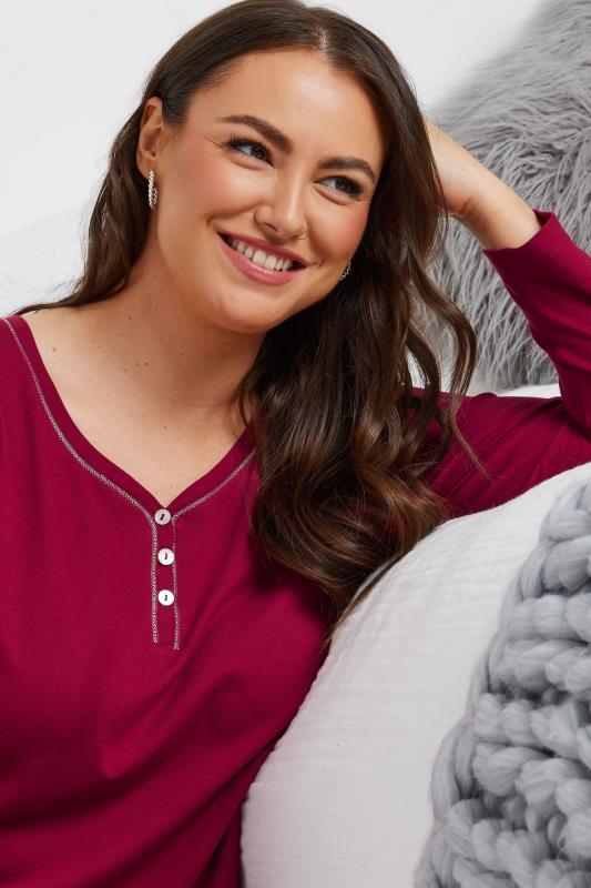 YOURS Plus Size Red Long Sleeve Placket Pyjama Top | Yours Clothing 6