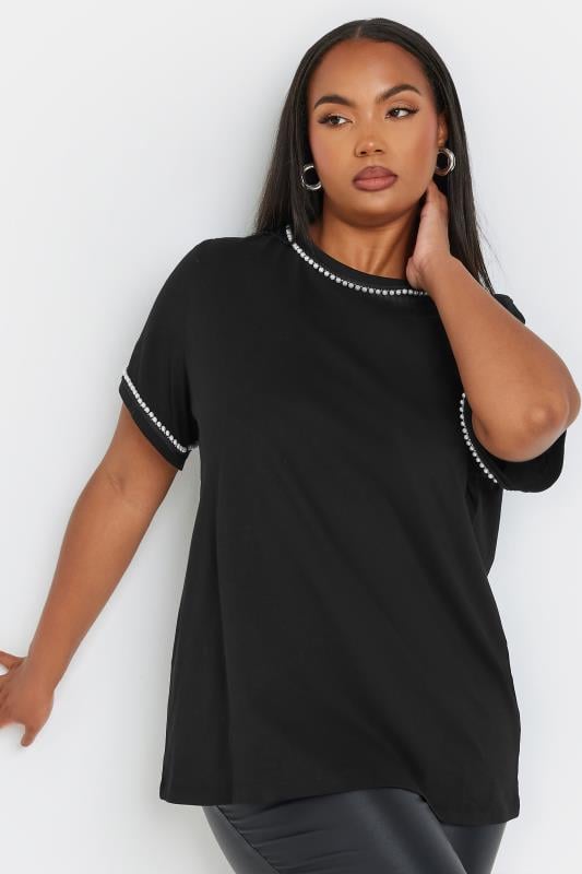  Grande Taille YOURS Curve Black Pearl Trim T-Shirt