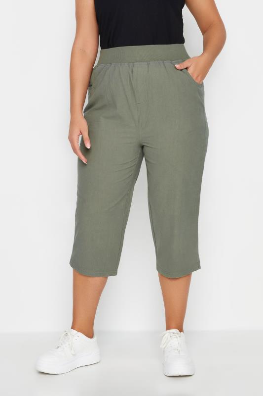 YOURS Plus Size Khaki Green Elasticated Cool Cotton Cropped Trousers | Yours Clothing 1