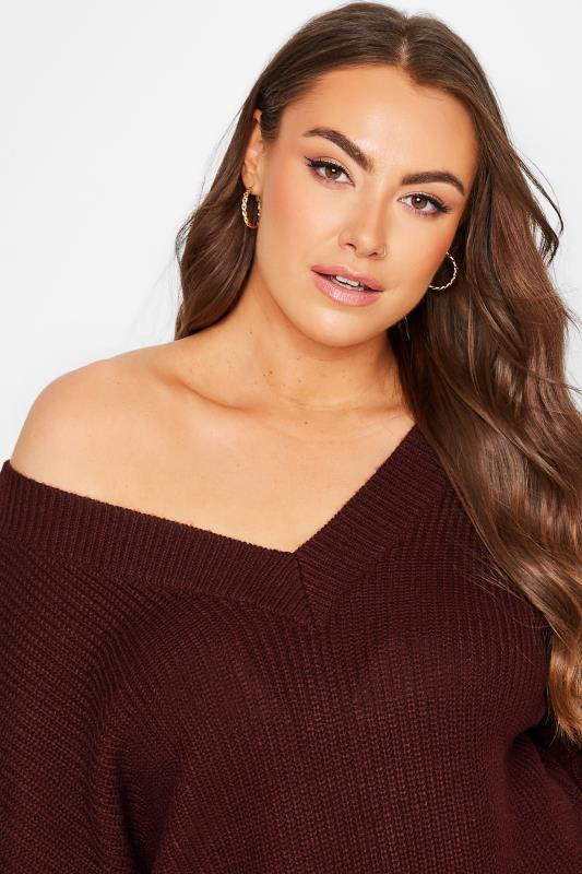 Curve Burgundy Red V-Neck Knitted Jumper | Yours Clothing 4