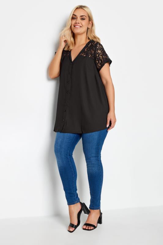 YOURS Plus Size Black Lace Insert Blouse | Yours Clothing 2