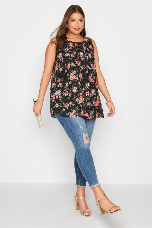 Plus Size Black Floral Print Pleat Front Sleeveless Blouse | Yours Clothing  2