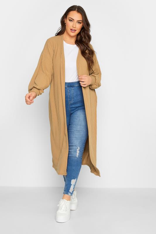 Plus Size  LIMITED COLLECTION Curve Beige Brown Ribbed Maxi Cardigan