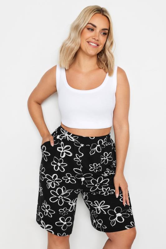 YOURS Plus Size Black Floral Doodle Print Pull On Shorts | Yours Clothing 1