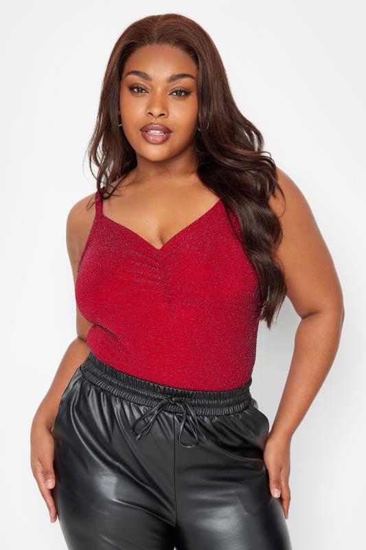 Plus Size  LIMITED COLLECTION Curve Burgundy Red Glitter Ruched Bodysuit