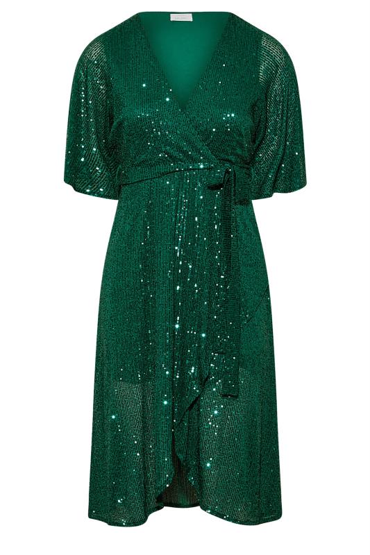 YOURS LONDON Plus Size Green Sequin Embellished Double Wrap Dress | Yours Clothing 6