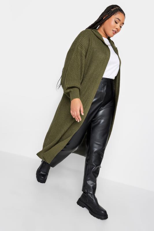 YOURS Plus Size Khaki Green Hooded Longline Cardigan | Yours Clothing 2