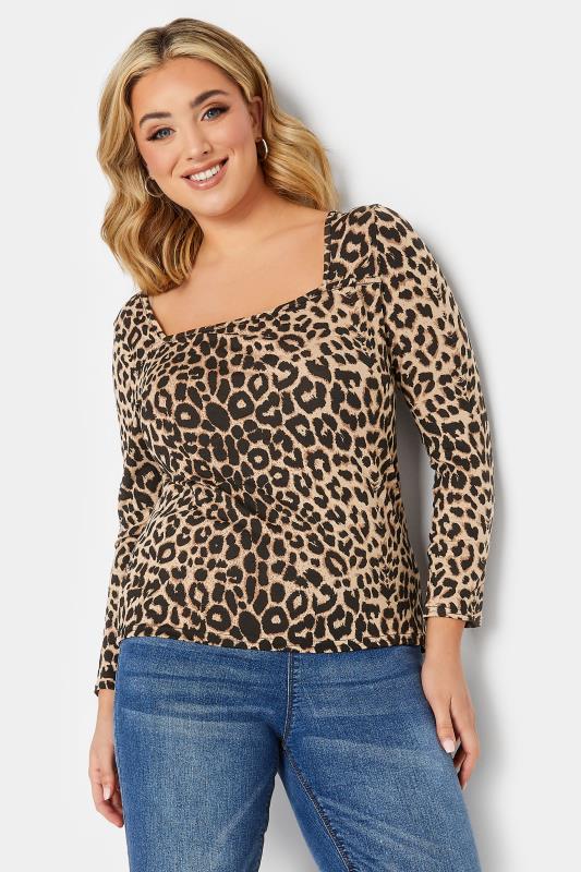 YOURS PETITE Plus Size Brown Leopard Print Square Neck Top | Yours Clothing 1