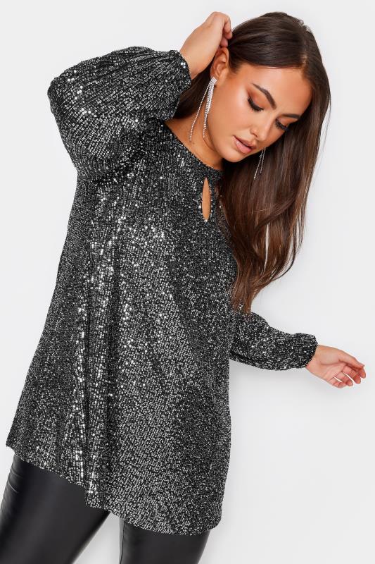 Plus Size  YOURS LONDON Curve Silver Sequin Keyhole Long Sleeve Top