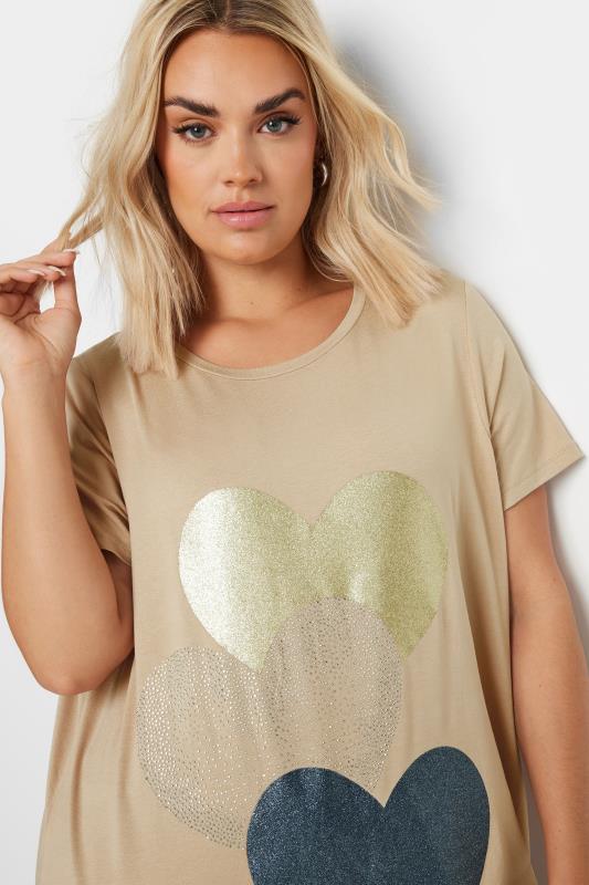 YOURS Plus Size Natural Brown Foil Heart Print T-Shirt | Yours Clothing  4