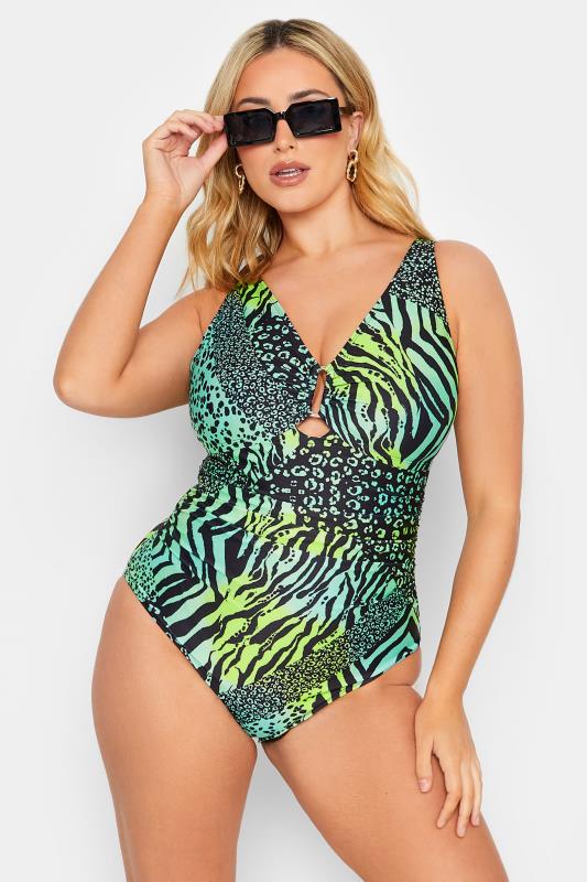 YOURS Curve Plus Size Green Animal Print Swimsuit | Yours Clothing  1