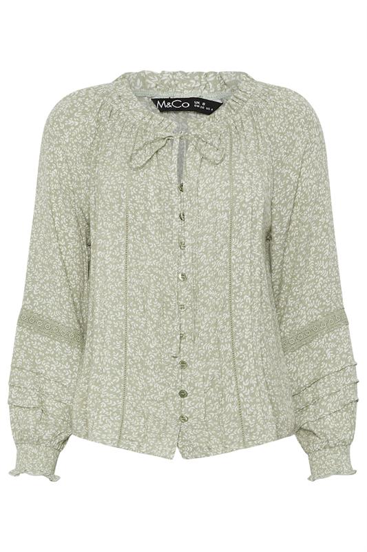 M&Co Petite Sage Green Floral Trim Detail Tie Neck Blouse | M&Co 5