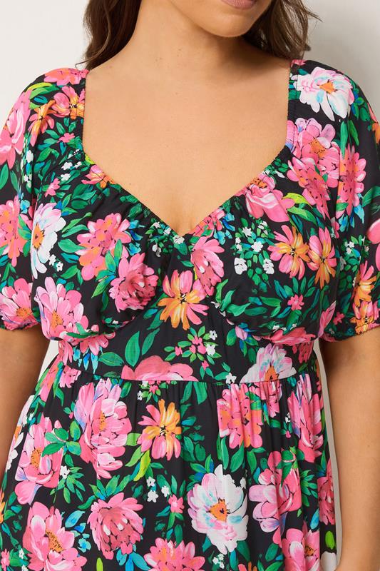 YOURS Plus Size Black Floral Milkmaid Midi Dress | Yours Clothing 5