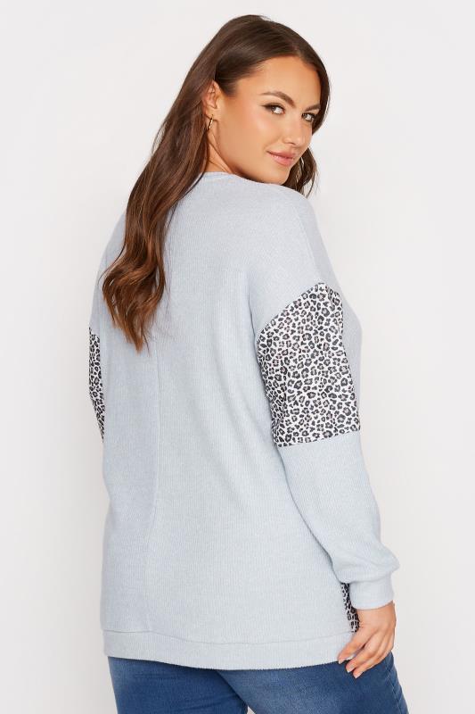 Plus Size Blue Leopard Print Ribbed Colour Block Top | Yours Clothing  3