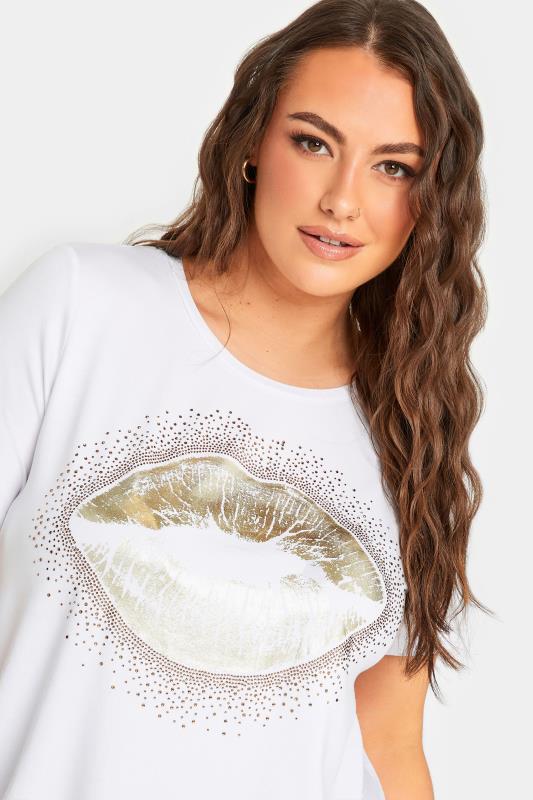 YOURS Plus Size White Lips Foil Print Embellished T-Shirt | Yours Clothing 4