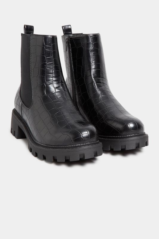 Black Croc Chunky Chelsea Boots In Wide E Fit & Extra Wide EEE Fit | Yours Clothing 2