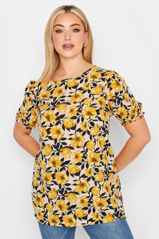 YOURS Curve Plus Size Yellow Floral Short Sleeve Blouse | Yours Clothing  1