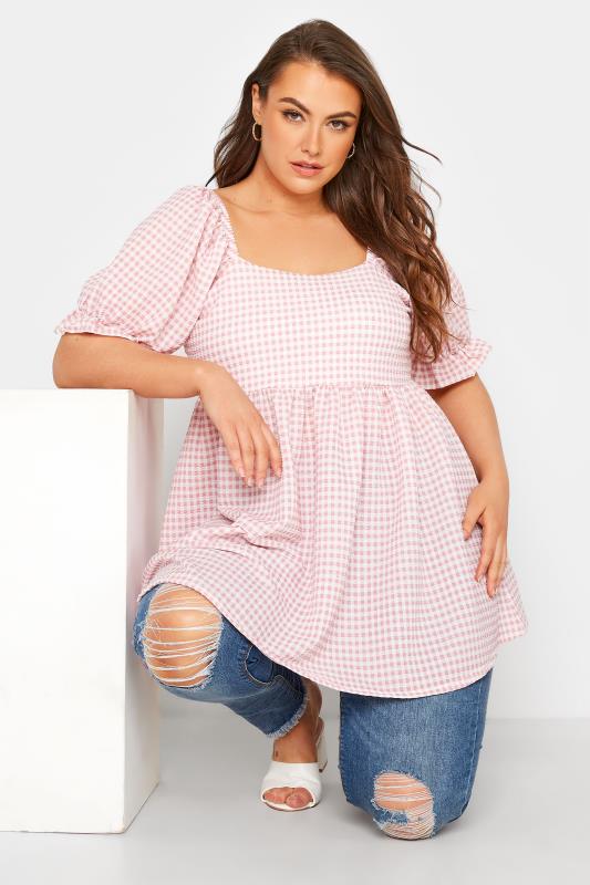 LIMITED COLLECTION Curve Pink & White Gingham Milkmaid Top 1