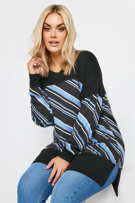 YOURS Plus Size Blue & Black Striped Print Top | Yours Clothing 1