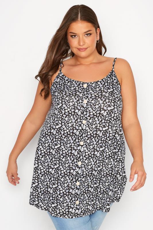 Plus Size Black Ditsy Print Button Through Cami Top | Yours Clothing  1