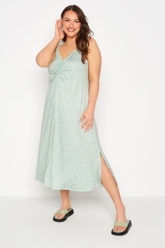 LIMITED COLLECTION Curve Sage Green Ditsy Ruched Dress_A.jpg
