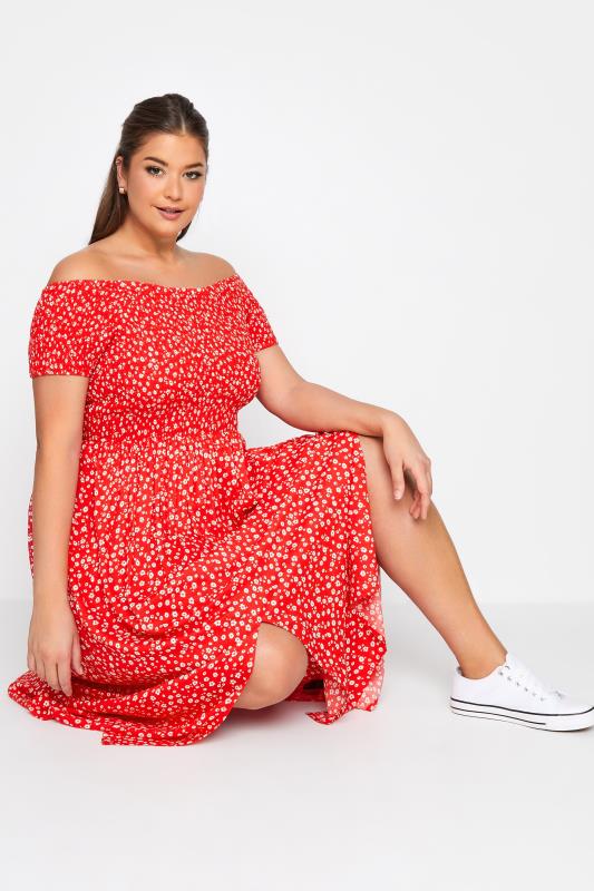 Plus Size Red Ditsy Shirred Bardot Midaxi Dress | Yours Clothing 4