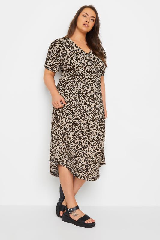  YOURS Curve Natural Brown Leopard Print Textured Milkmaid Dress