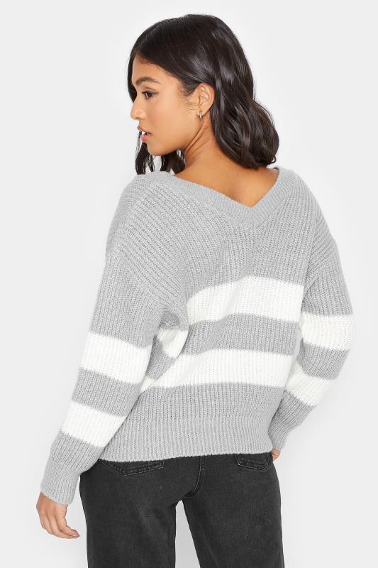 Petite Grey & White Stripe V-Neck Knitted Jumper | PixieGirl 3