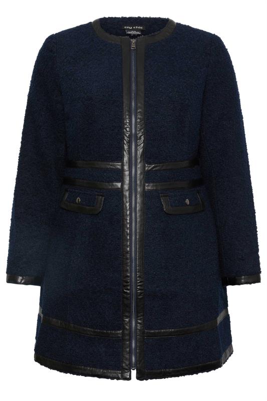 Avenue Navy Boucle Faux Leather Trim Coat 1