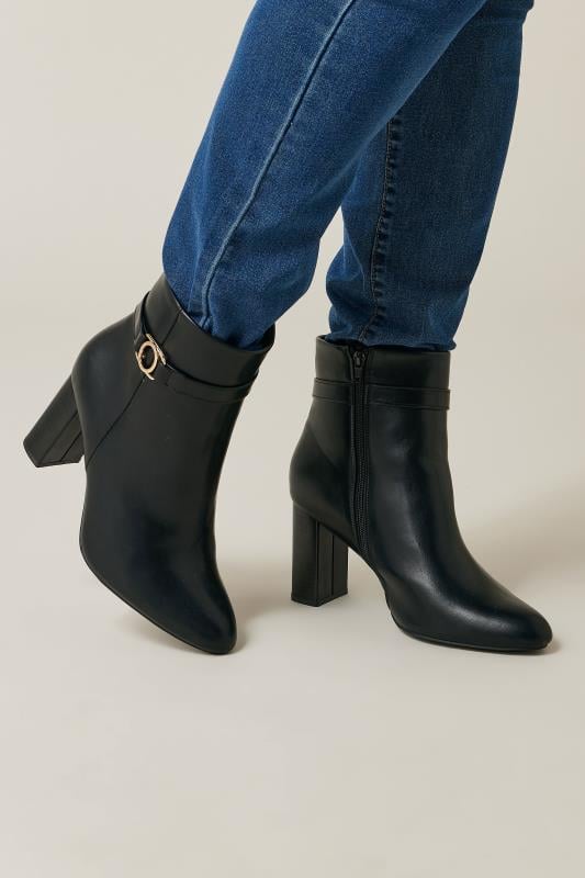 Plus Size  Black Faux Leather Buckle Detail Ankle Boots In Extra Wide EEE Fit