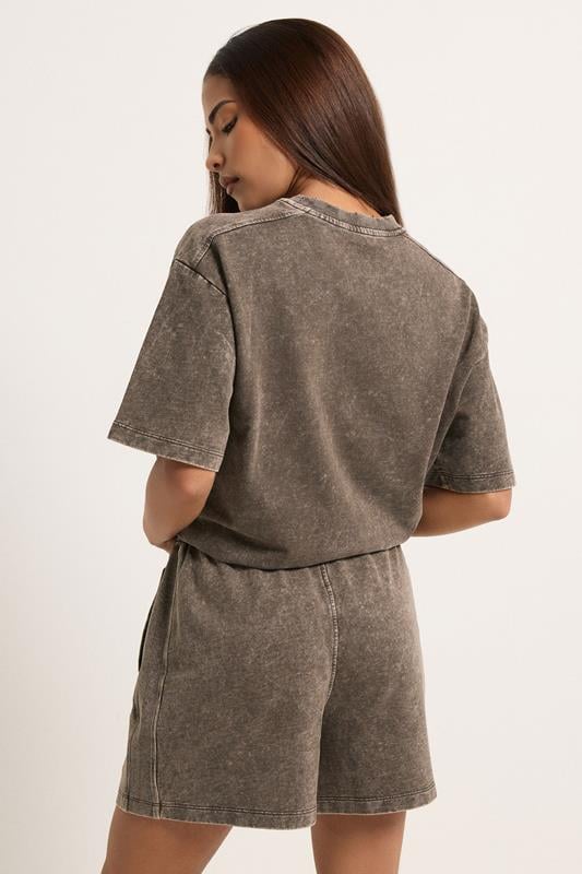 PixieGirl Petite Women's Set Chocolate Brown Acid Wash Cotton T-Shirt & Shorts | PixieGirl 4