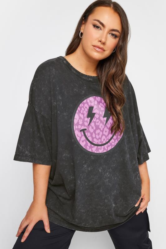 YOURS Curve Plus Size Charcoal Grey & Purple Leopard Print Smiley Face T-Shirt | Yours Clothing  4