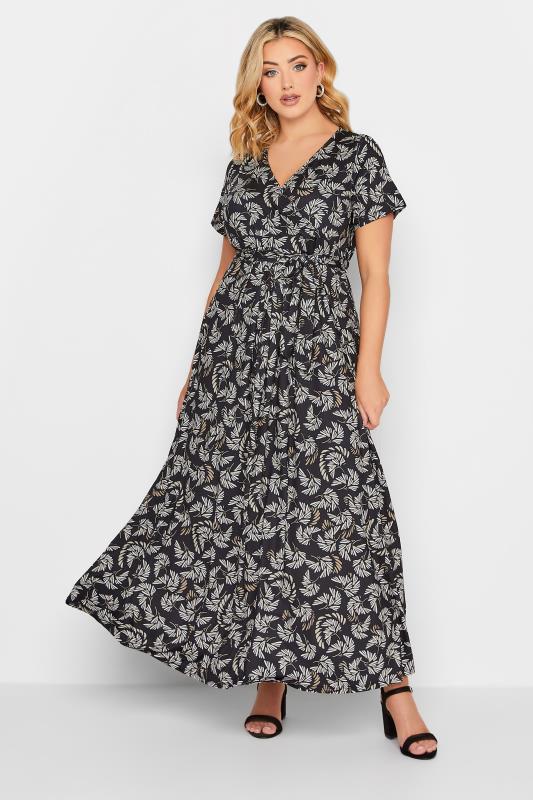 YOURS Plus Size Black Leaf Print Maxi Wrap Dress | Yours Clothing 1