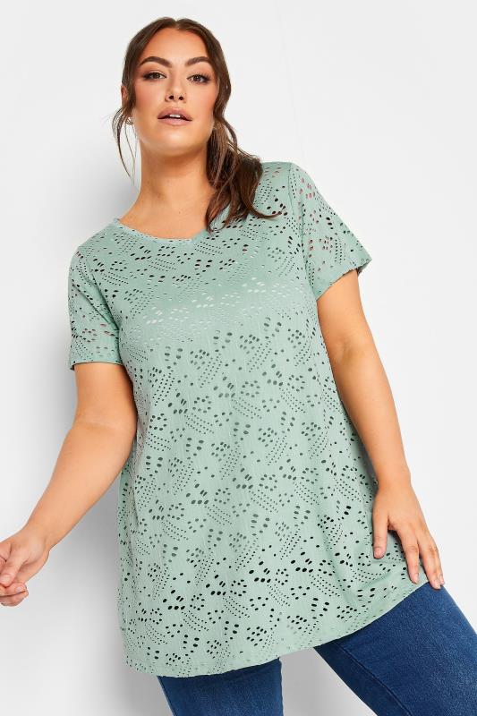 Plus Size  YOURS Curve Sage Green Broderie Anglaise Swing T-Shirt