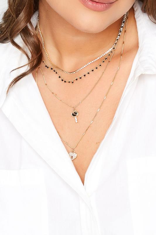 Plus Size  Gold Heart Diamante Multi Layer Necklace