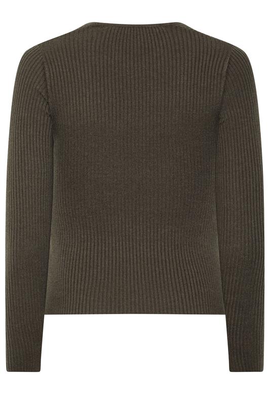 PixieGirl Petite Women's Chocolate Brown Ribbed Button Scoop Neck Jumper | PixieGirl  2