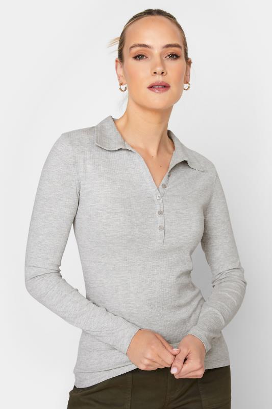 LTS Tall Grey Ribbed Button Detail Collared Top | Long Tall Sally 5