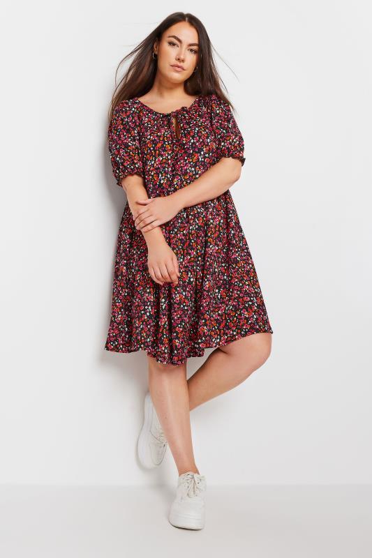  Tallas Grandes YOURS Curve Black Ditsy Floral Print Textured Smock Dress