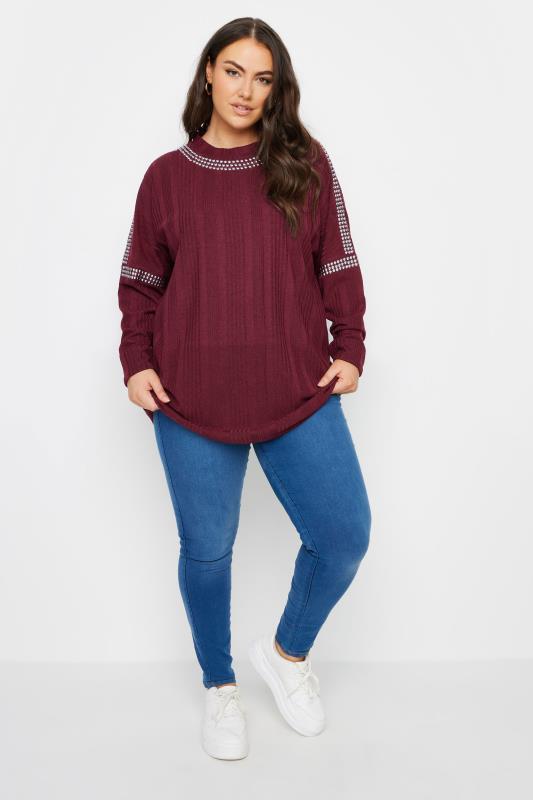 YOURS Plus Size Red Stud Neckline Embellished Jumper | Yours Clothing 2